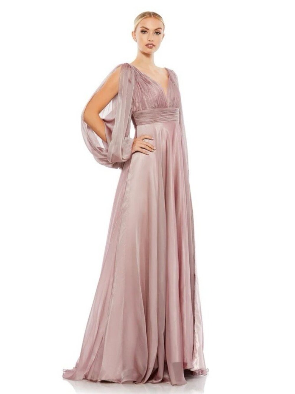 Mac Duggal Size 6 Mauve 67414 Chiffon Gown Dress Cutaway Sleeve Beaded Cuff Prom - Picture 6 of 15